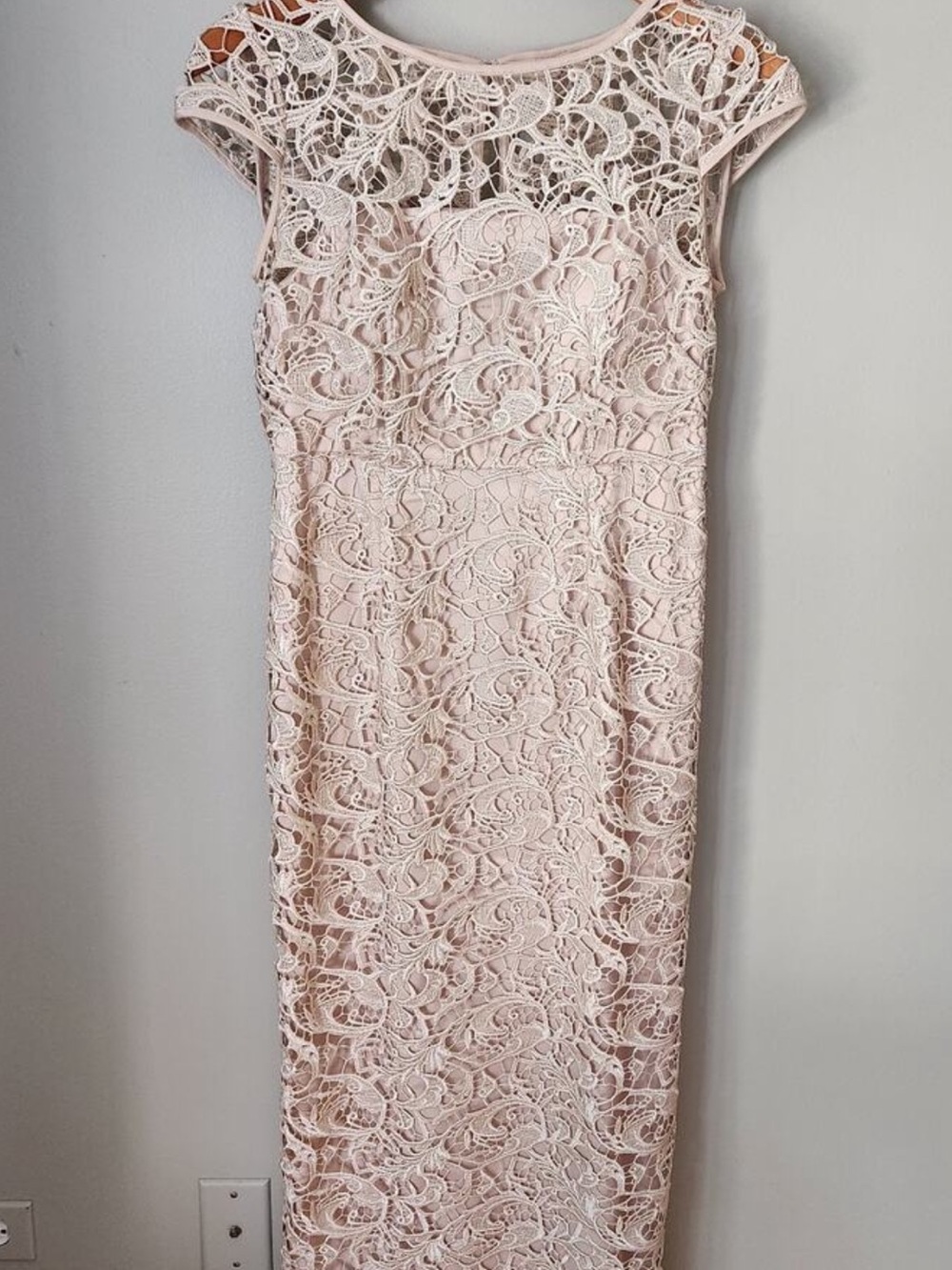 Adrianna Papell Gold Cap Champagne Sleeve Lacey Slit Maxi Dress